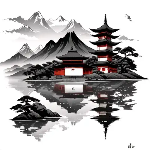Japense Temple And Mountain Lake Scene