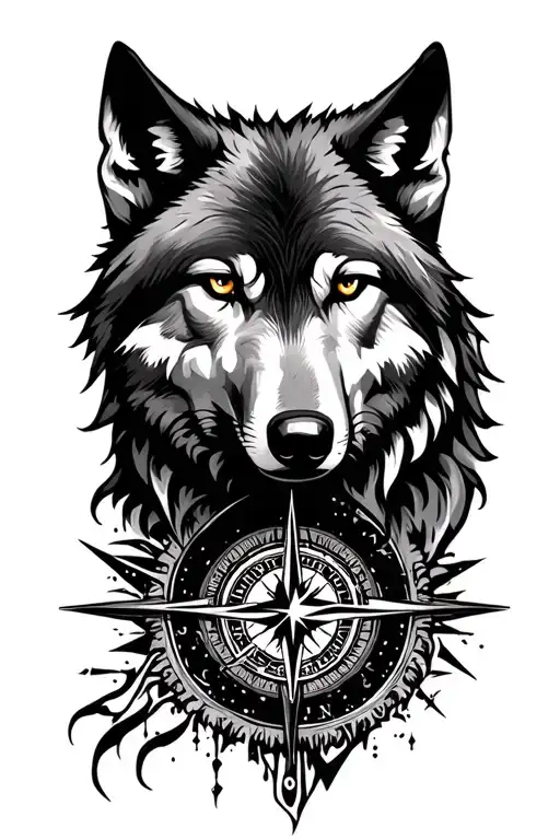 Wolf Tattoo Which Is Calm With Norse Vegvisir And Abstract Design Of North Facing Compass
