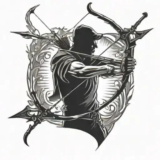 A Silhouette Of A Hunter With A Bow And Arrow In Black-grey Shading