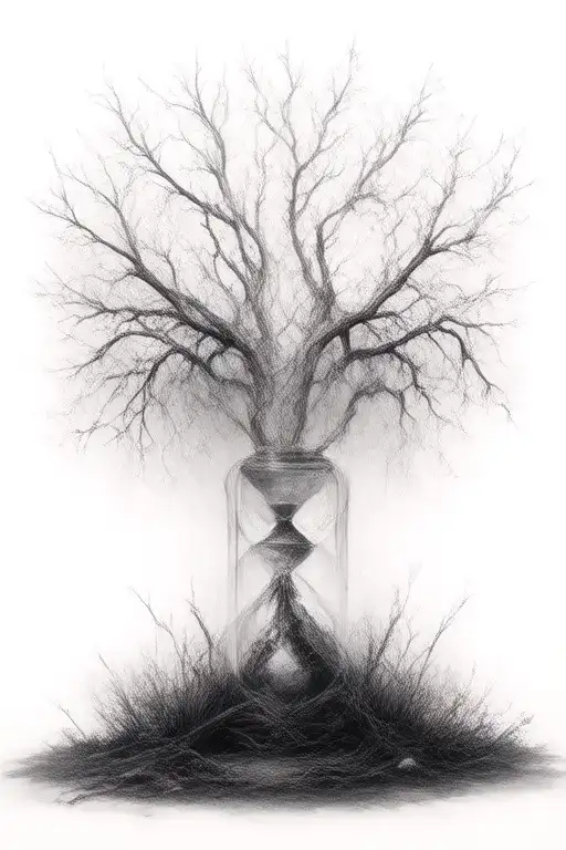 Defoliated Tree And Broken Sandless Hourglass Filled With No Leaves