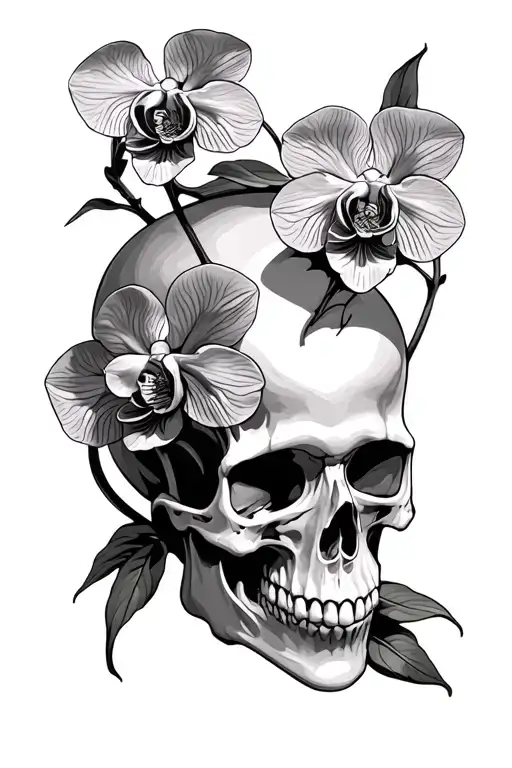Skull With Orchids In The Background