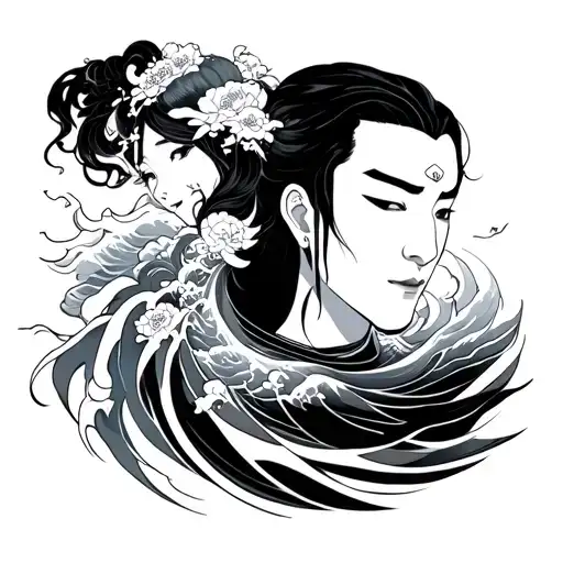 Jing And Jang In Chest With Japanease Style Black Ocean