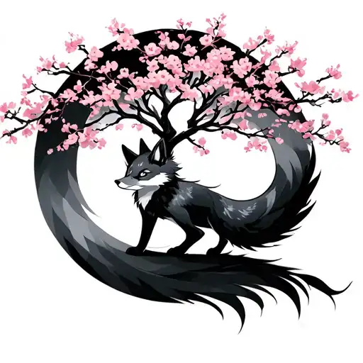9 Tailed Fox With A Cherry Blossom Tree