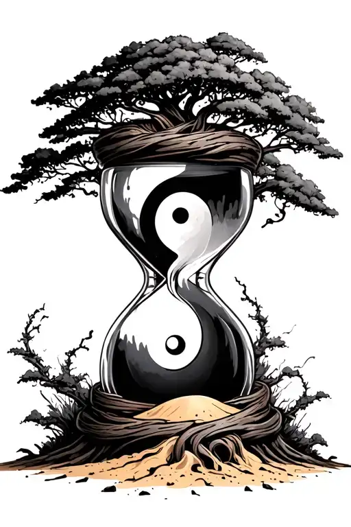Hour Glass With Yin Yang And Sand With Tree Wrapped Around It - Gritty Style