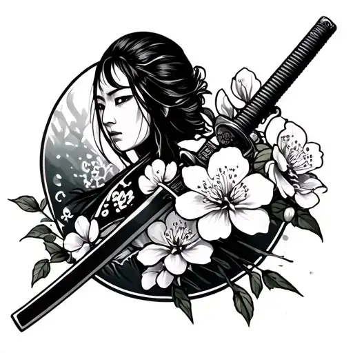 Katana Is Surrounded By Japanese Cherry Blossom