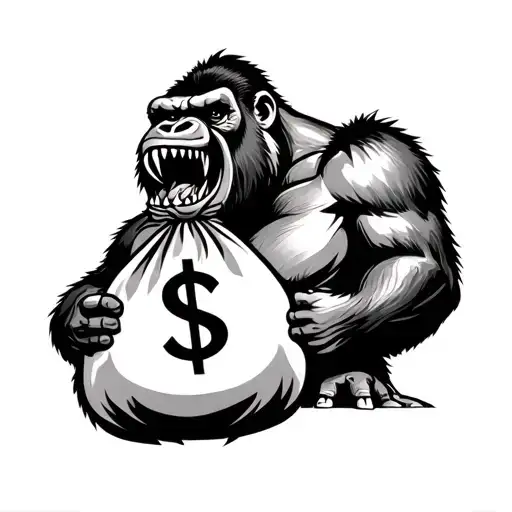 Ferocious Gorilla With Long Sharp Teeth With A Huge Money Bag In Its Mouth