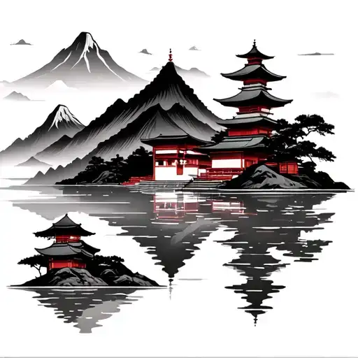 Japense Temple And Mountain Lake Scene