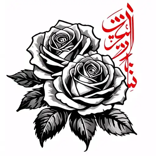 Roses On Shoulder Tattoo With Red Arabic Lettering Next To It