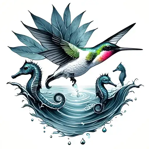 Hummingbird That Is Half Citrus Squeezing Drops Into An Ocean With 3 Seahorses