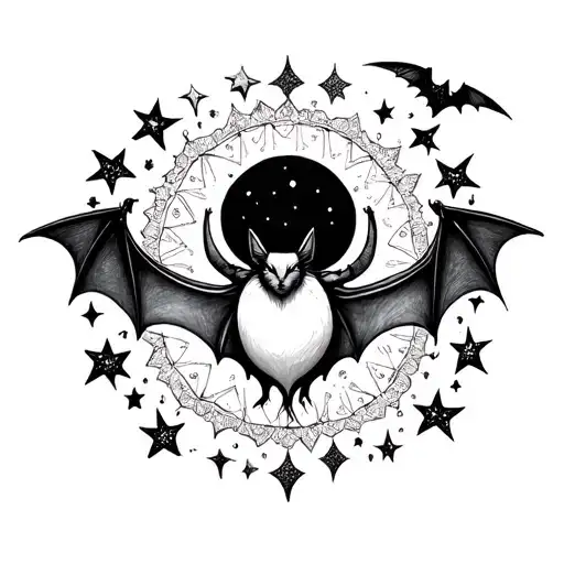 Mandala Bat With Moon Surrounded By Stars