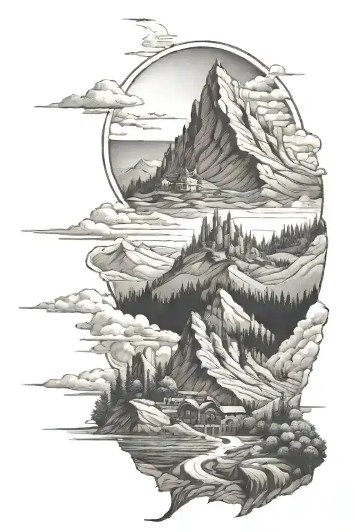 Rolling Hills Mountain Landscape Tattoo Featuring Lord Or The Rings Elements