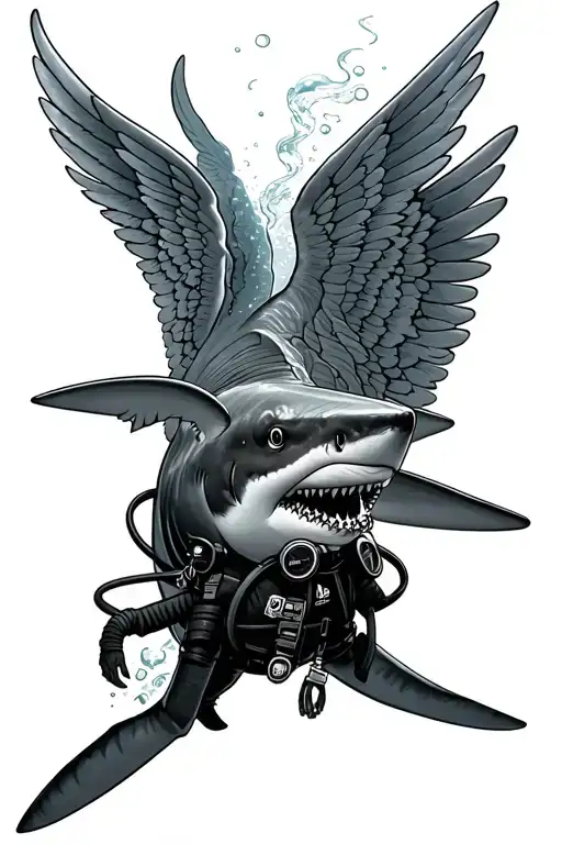 Shark Followed By A Scubadiver With Angel Wings
