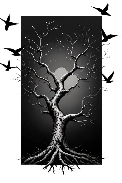 Tree With Swallows Flying