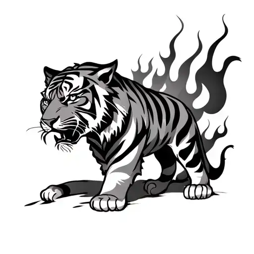 Tiger Not Just Head But Body Wrapping Around Forearm With Flames