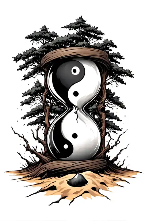 Hour Glass With Yin Yang And Sand With Tree Wrapped Around It - Gritty Style