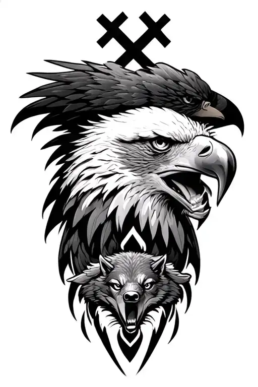 Eagle Head With A Cross And Wolf Howling