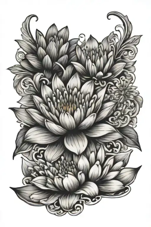 Water Lily Chrysanthemum Butterfly Thigh Tattoo Design