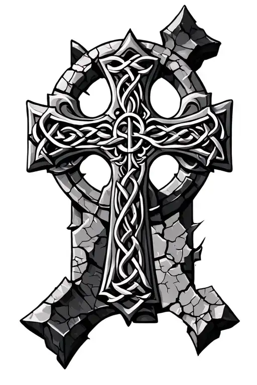 Detailed Cracked Stone Celtic Cross Neo Traditional Realism