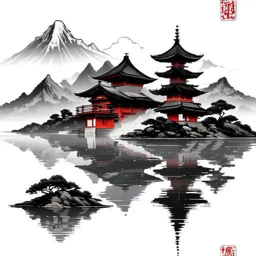 Japense Temple And Mountain Lake Scene