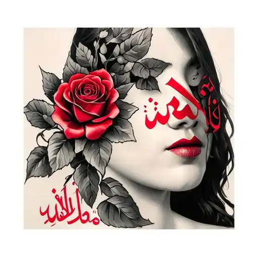 Roses On Shoulder Tattoo With Red Arabic Lettering Going Across Collar Bone
