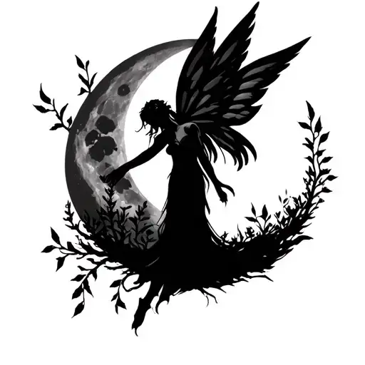 Druid Mixed With Nature And Winged Fairy Silhouetted In The Moon