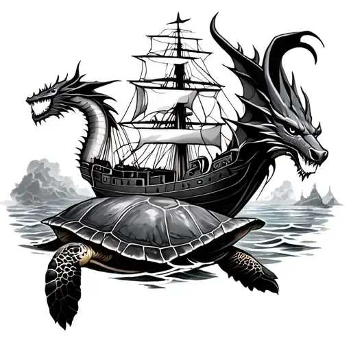 Ship With Dragon Attached To Front On Stormy Sea Turtle