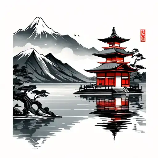 Japense Temple And Mountain Lake Scene