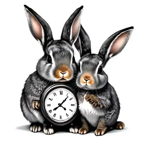 Father And Daugther Rabbit With Clock