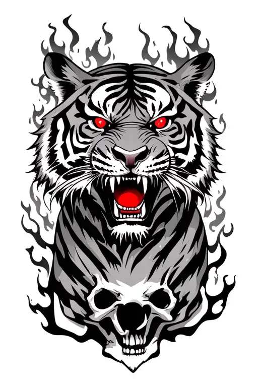 Angry Tiger With Red Eyes Surrounded By Flames And Skulls