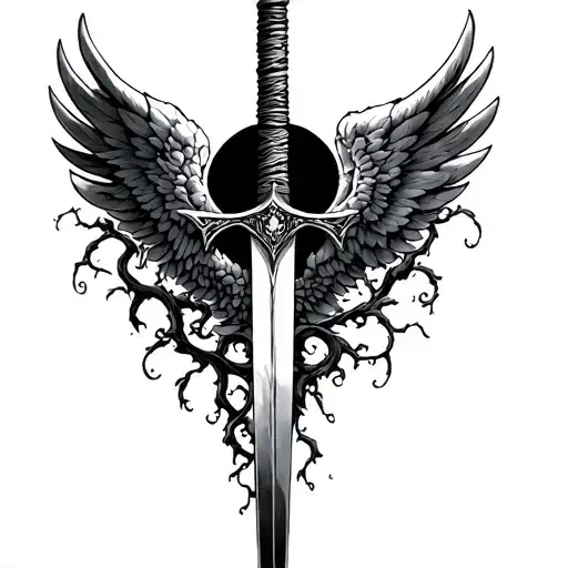 Sword In The Center Of The Spine With Wings Pointing Down And Vines Running Around The Sword