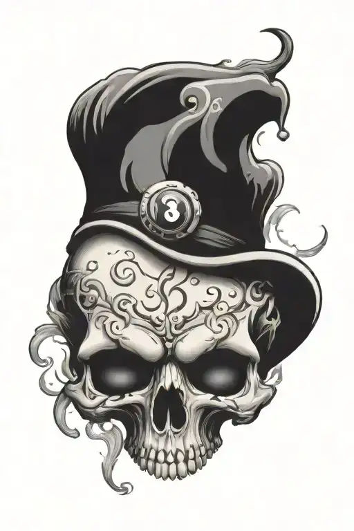 Jester Skull With Smoke Swirling And One Of The Eyes Is The 8 Ball