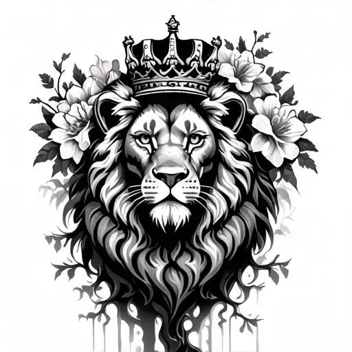 Lion With Crown And Flowers Going Down And Posion Tree