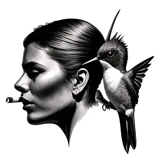 Profile Of My Face With A Cigarette In My Mouth With A Hummingbird Facing Me Face To Face