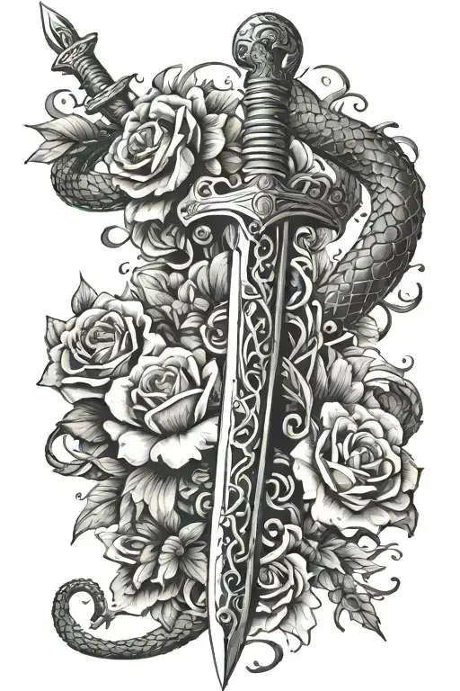 Sword Wrapped With Flowers And A Snake Around It