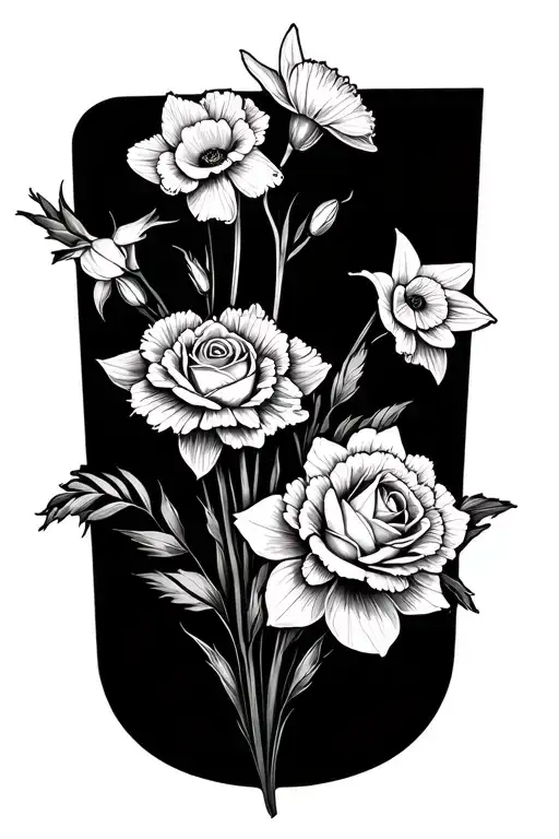 Fine Line Bouquet Of Daffodils And Carnations And Roses