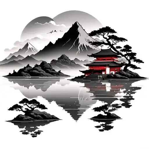 Japense Temple And Mountain Lake Scene