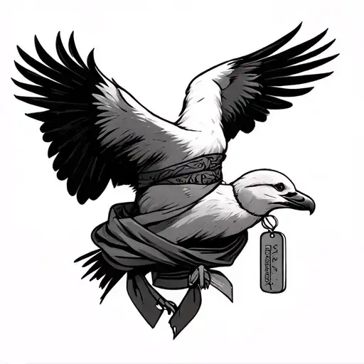 Crane Wearing Scarf Around Neck And Holding Dog Tags In Mouth