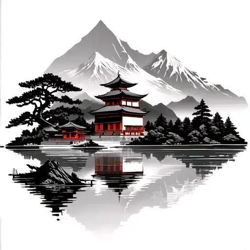 Japense Temple And Mountain Lake Scene