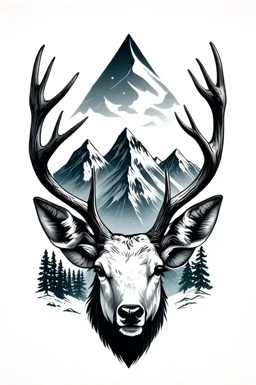 Thin Line Tattoo With Antlers Three Peak Mountain Between The Two Antlers