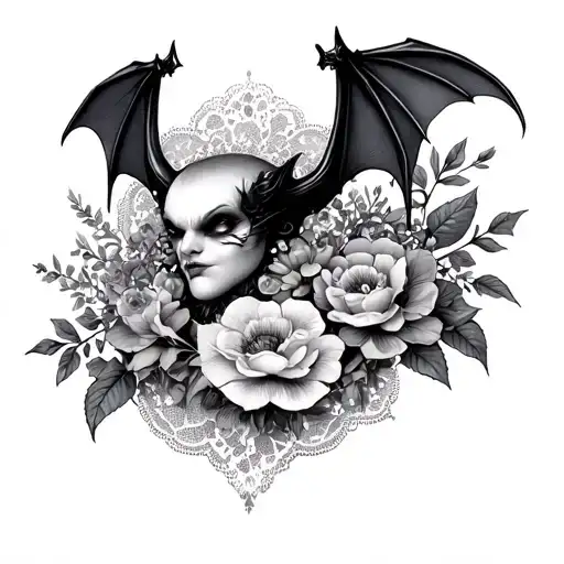 Goth Vampire Bat With Lace And Flowers Blooming