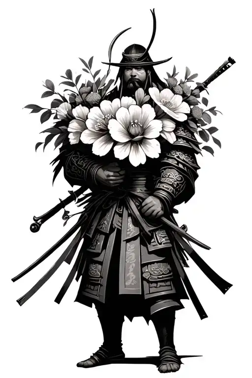 A Samurai Warrior Holding A Bouquet Of Unique Flowers In A Black-grey Style