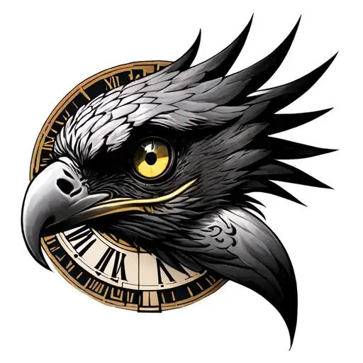 Side Eagle Face With Dark Yellow Eye With A Clock With Roman Numbers In The Background