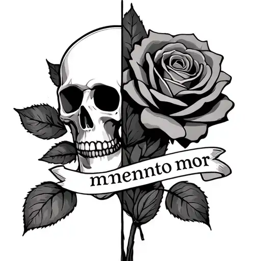 Half Dead Half Alive Skeleton With A Dead And Alive Rose With The Words Memento Mori