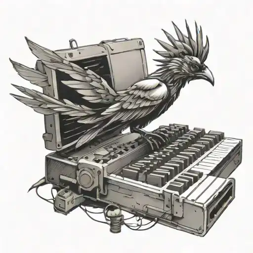 A Tiny And Elegant Tattoo Of A Mechanical Bird Perched On A Stylized Computer Keyboard