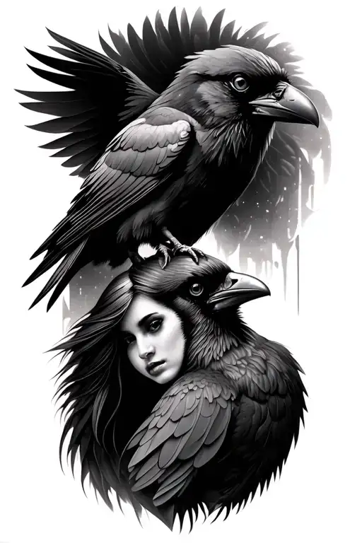 Black And Grey Hyper-realistic Style Tattoo Of A Raven And A Female Cardinal