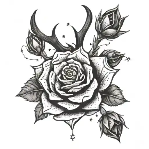 Black Rose Succulent Intertwined With Antlers With Stars And The Orion Constellation