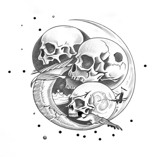 A Moon With Birds And Skulls