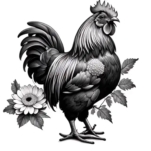 Rooster With Chrysanthemum Flower