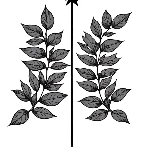 Two Horizontal Rowan Branches Like A Flat Laurel With A Vertical Arrow In Between Them