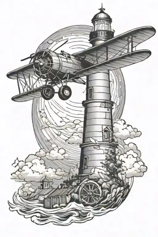 Lighthouse And Biplane Flying